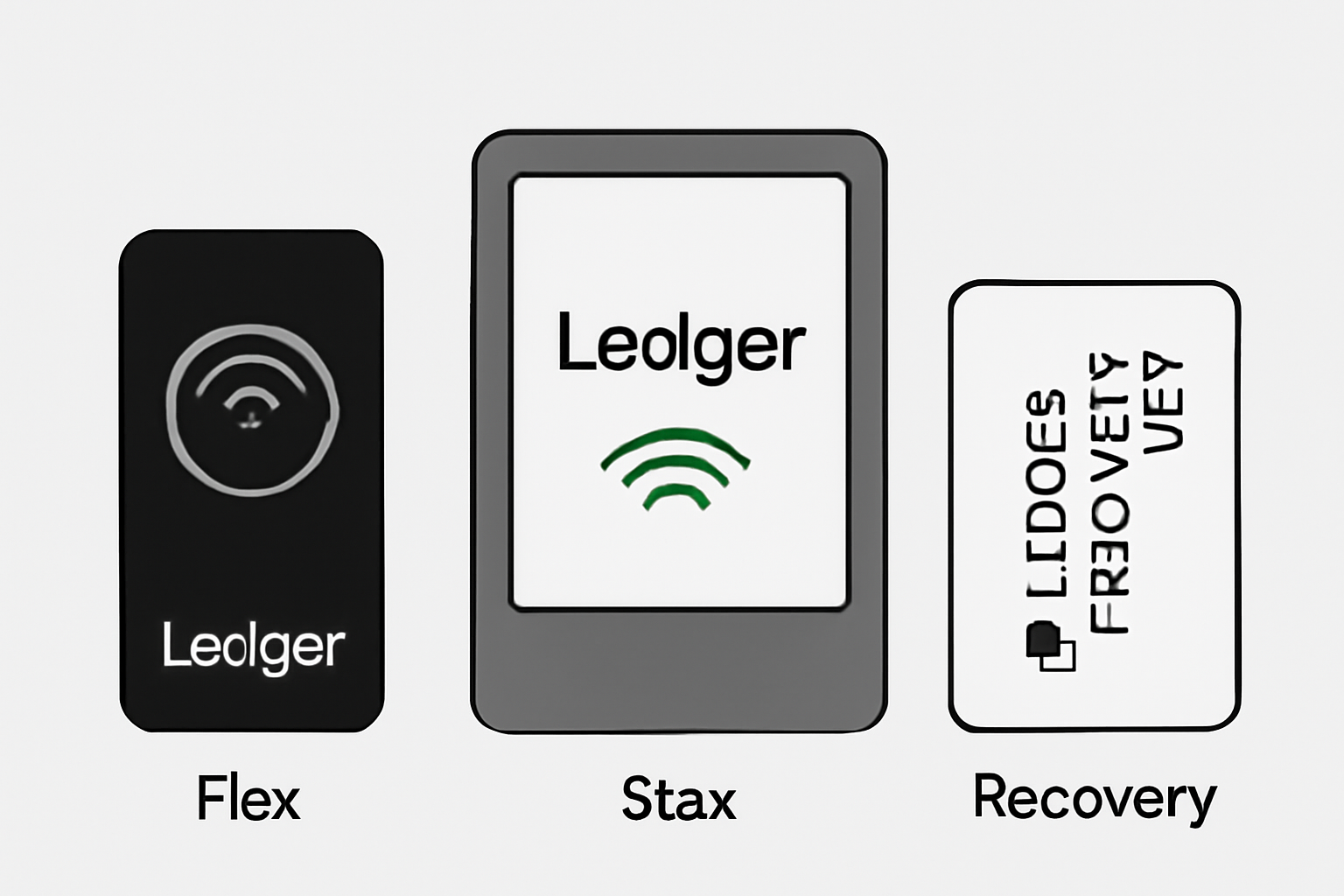 A Ledger Flex and Ledger Stax device side by side, with a Ledger Recovery Key card nearby, emphasizing NFC compatibility.