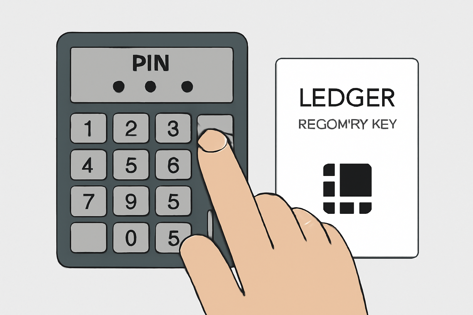 A digital keypad with a PIN being entered, and a Ledger Recovery Key card visible, showing security emphasis.