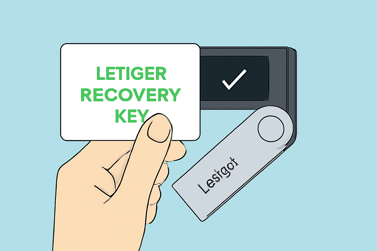 A hand holding a Ledger Recovery Key card to the back of a Ledger device, with a digital confirmation checkmark on the device screen.
