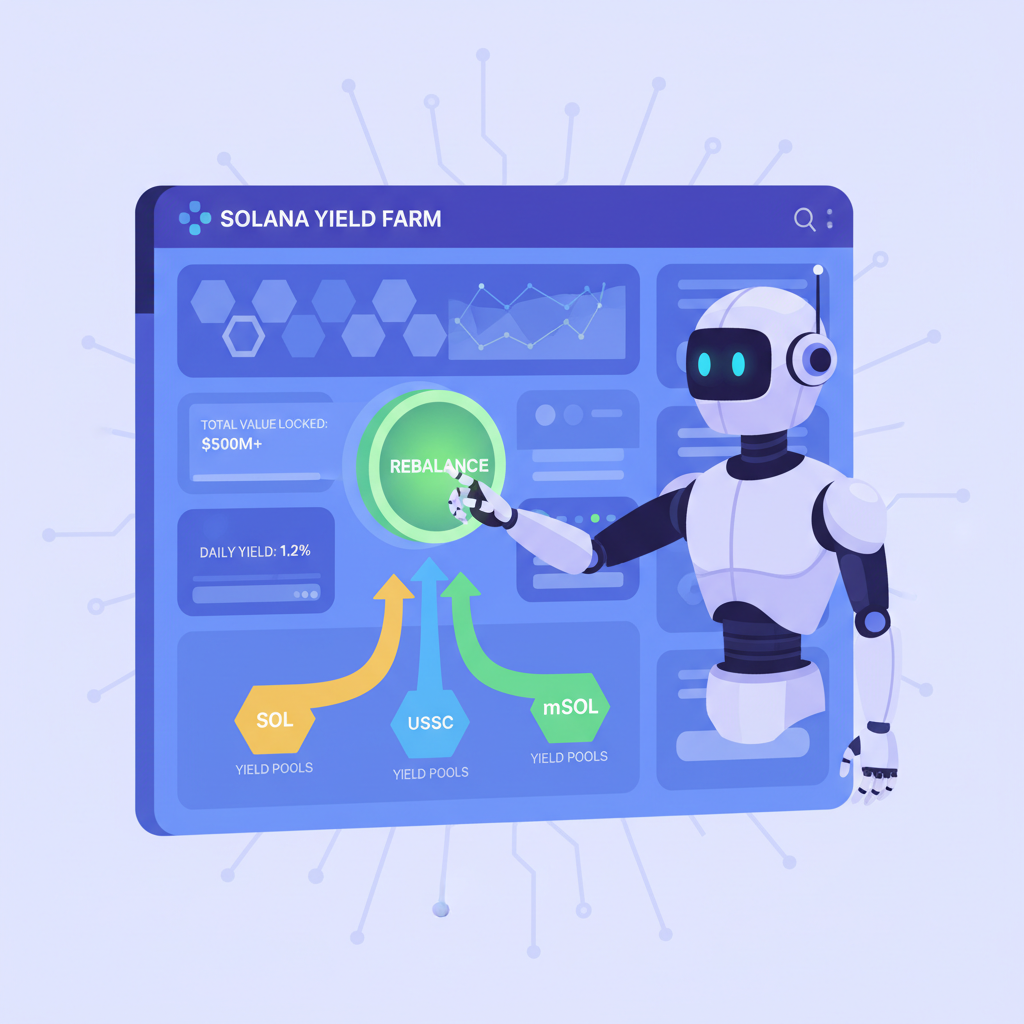 AI robot activating rebalance button on Solana yield farm dashboard, dynamic asset flows, futuristic glow