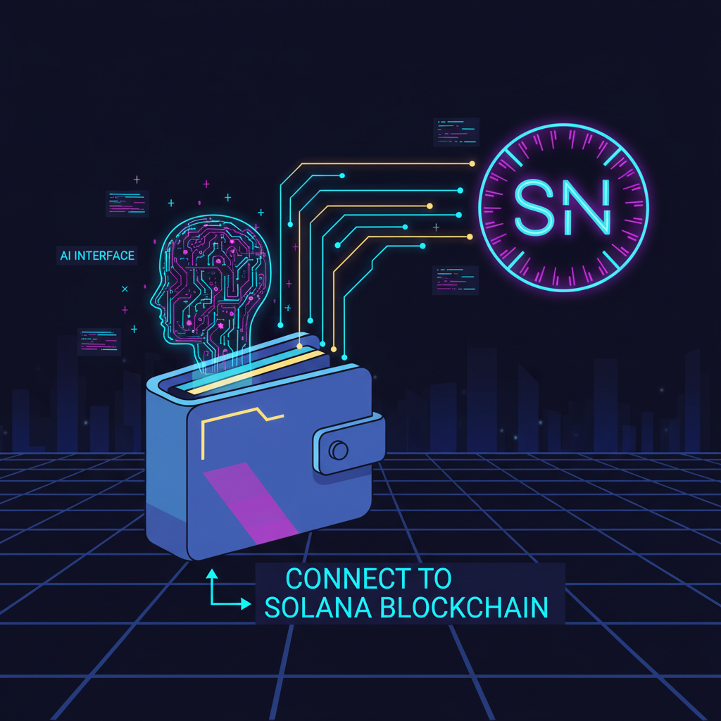 futuristic wallet connecting to Solana blockchain with neon AI interface, cyberpunk style
