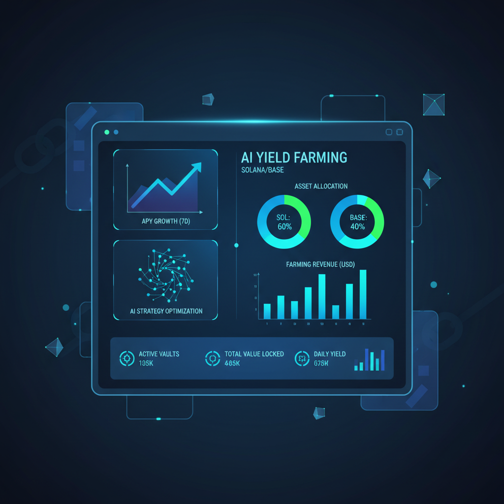 sleek DeFi dashboard monitoring AI yield farming metrics on Solana/Base, graphs and holograms, high-tech