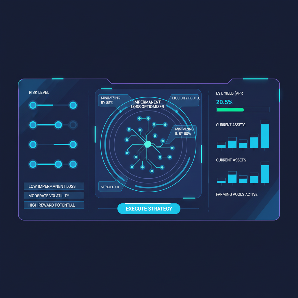 AI dashboard setting risk sliders for DeFi yield farming, holographic charts minimizing IL, sci-fi aesthetic