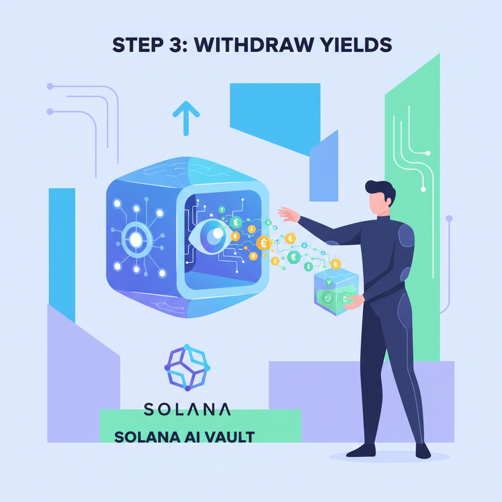 user withdrawing glowing crypto yields from AI copilot vault on Solana, triumphant futuristic scene