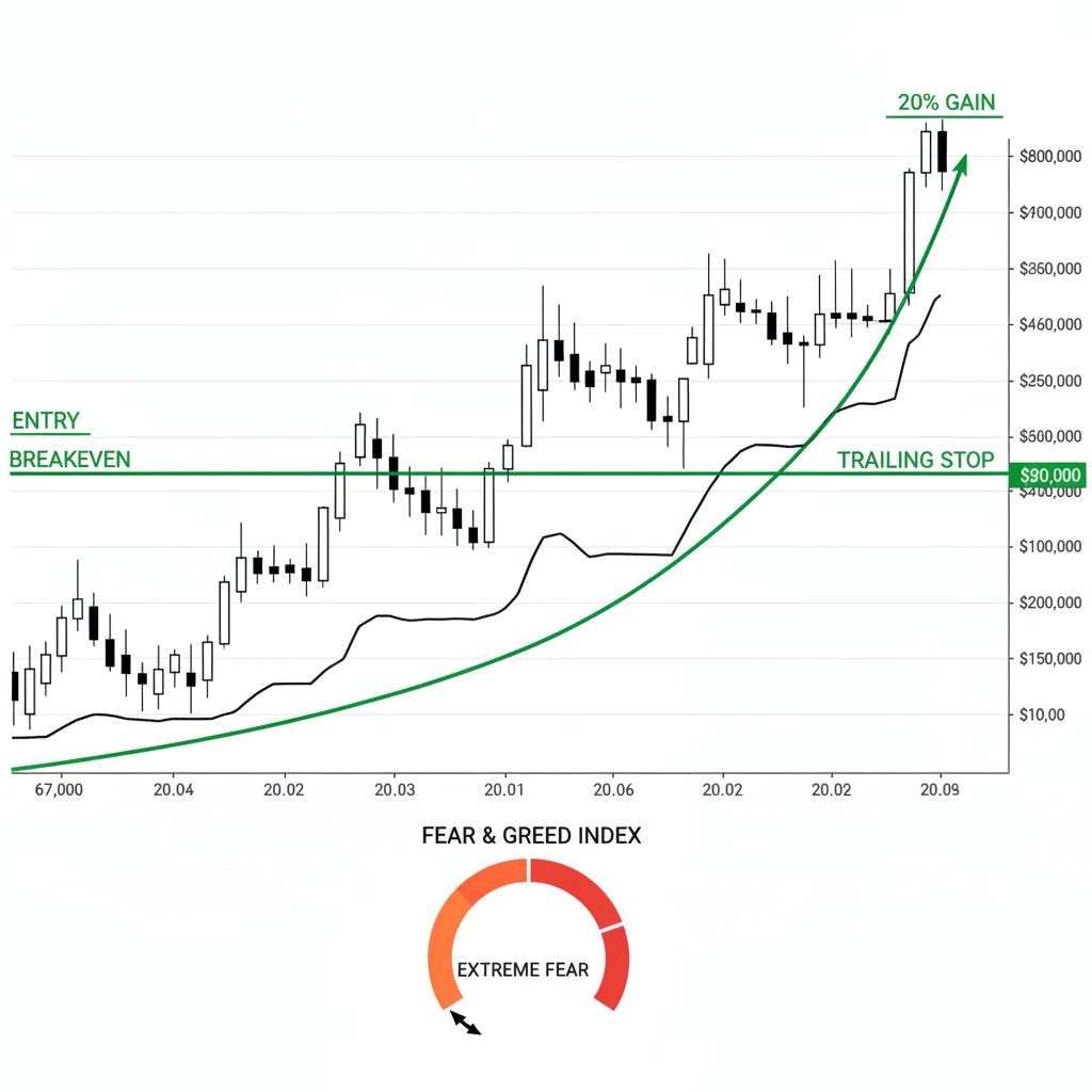 bitcoin price chart showing trailing stop from $67k entry to breakeven and 20% gain, green lines, fear greed index low, clean technical style