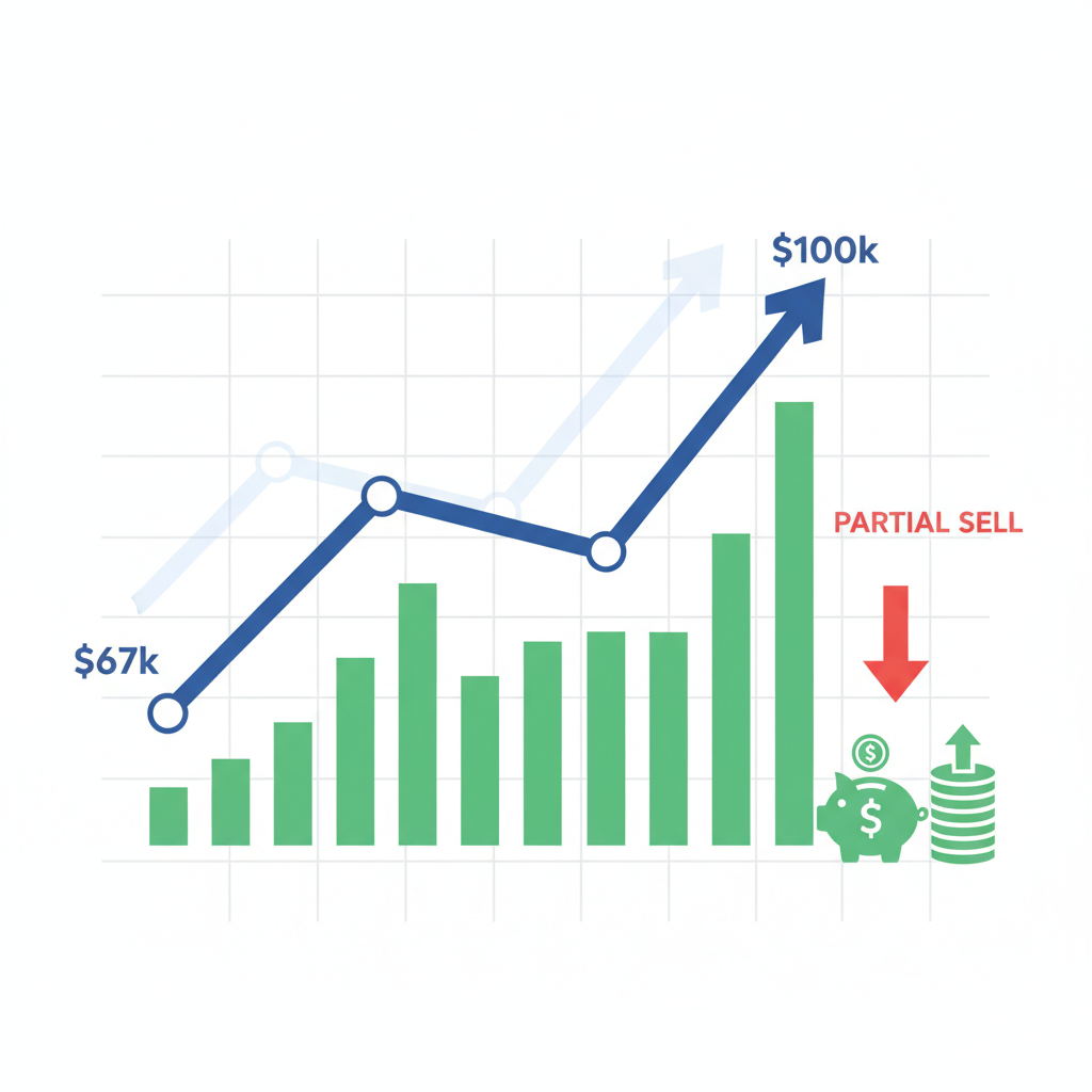bitcoin chart ascending from $67k to $100k, partial sell arrow at $100k, profit realization icons, bullish candlesticks