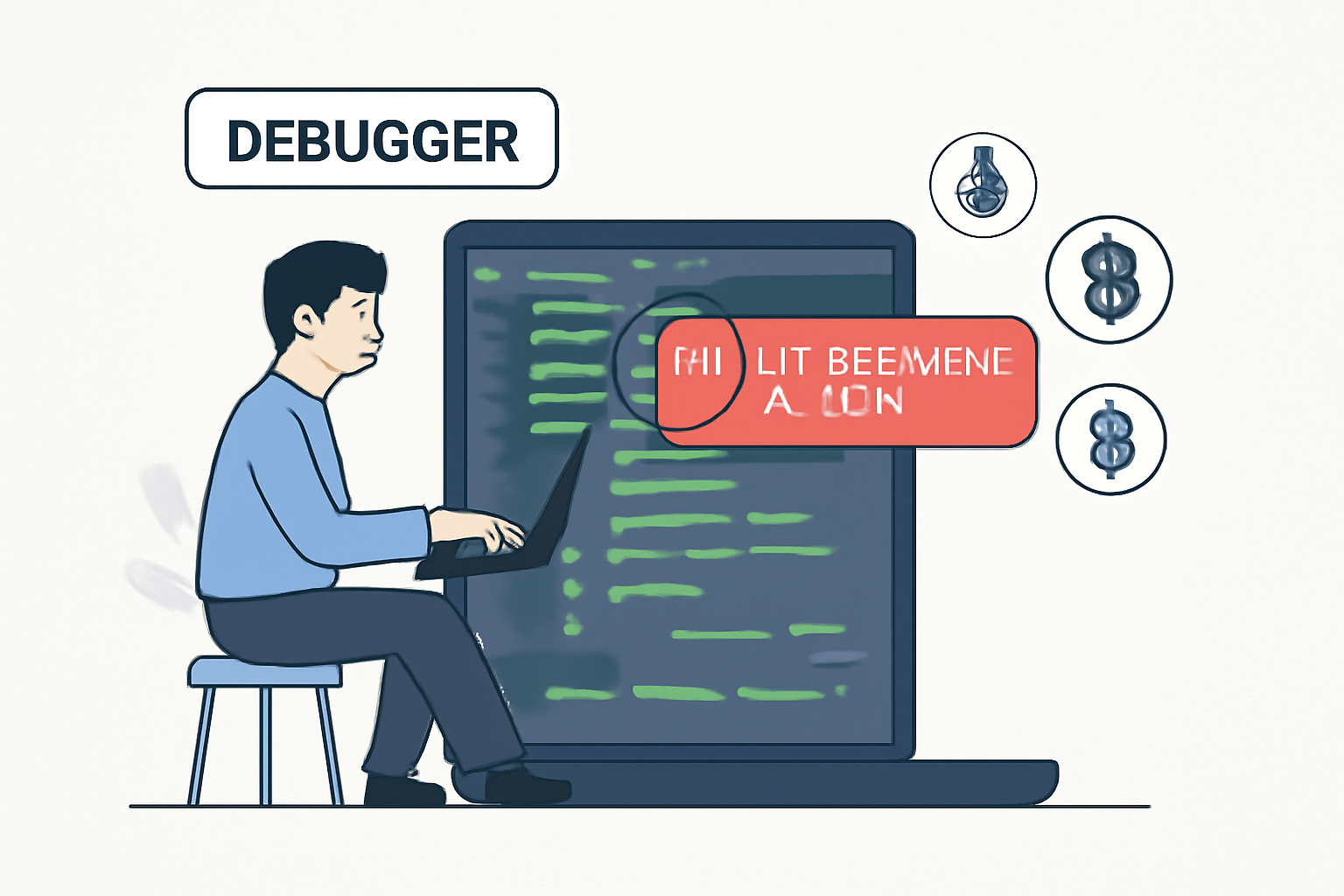 debugger fixing wallet mismatch error, code terminal with green fixes, crypto icons