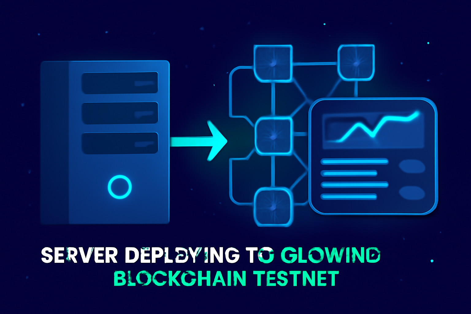 sleek server deploying to glowing blockchain testnet, neon blues, futuristic dashboard