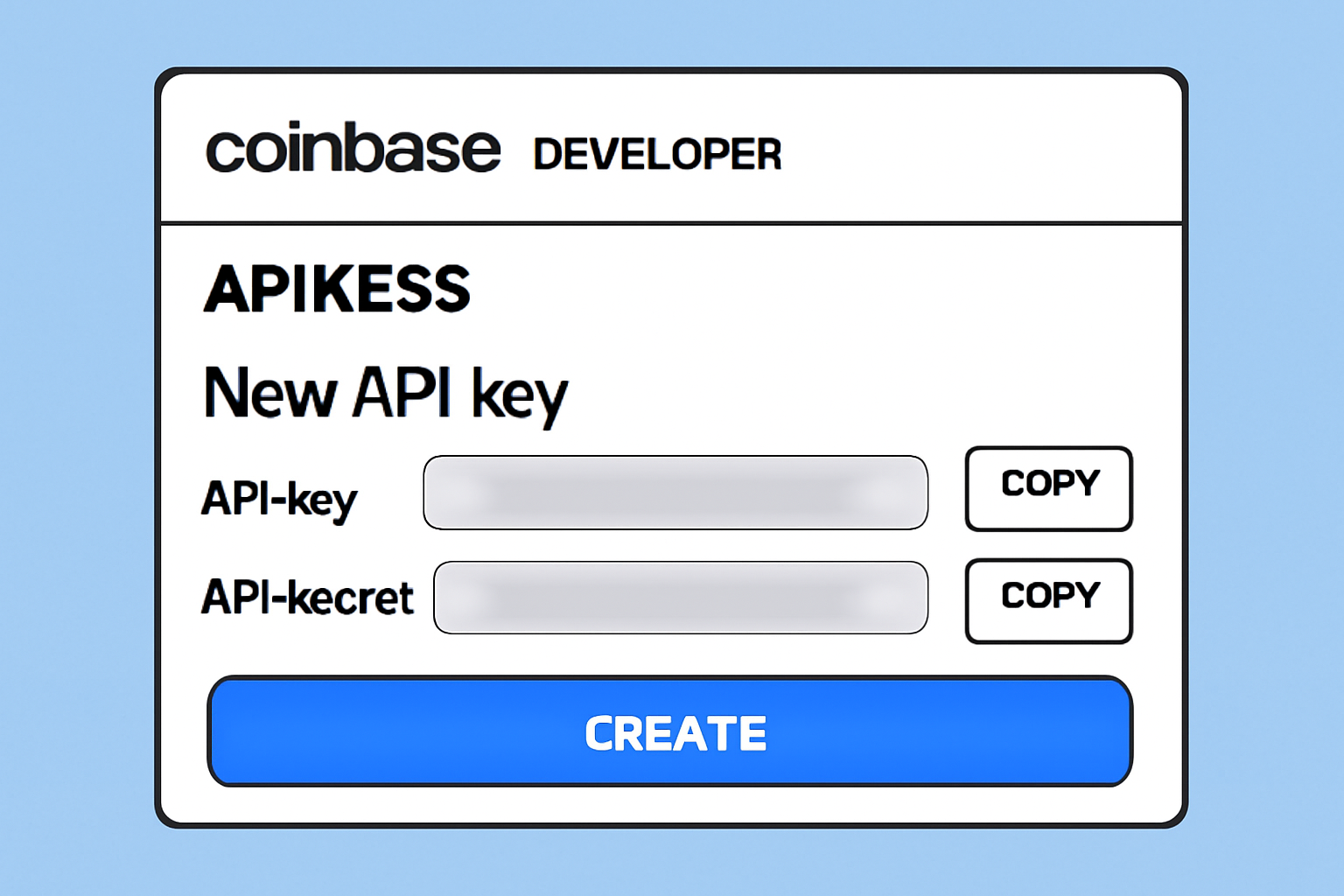 screenshot generating API keys in Coinbase developer console, keys blurred for security