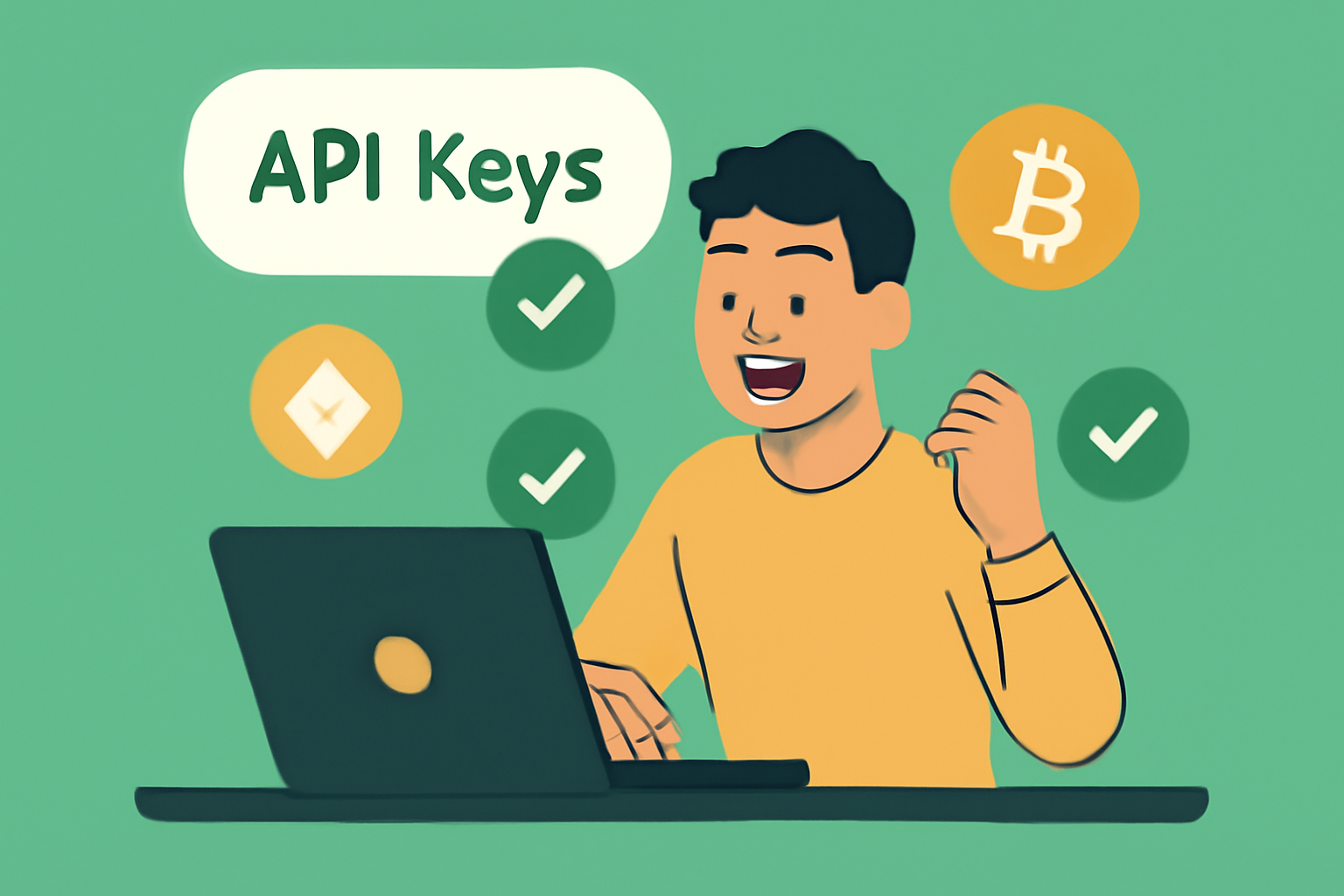 excited developer testing API keys on laptop, green success checkmarks, crypto theme