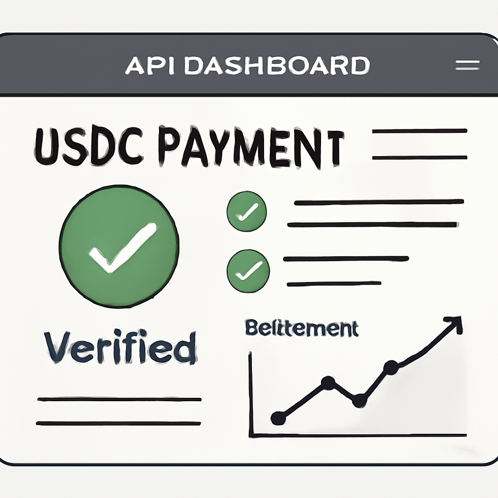 API dashboard verifying USDC payment, green checkmarks, settlement graph rising