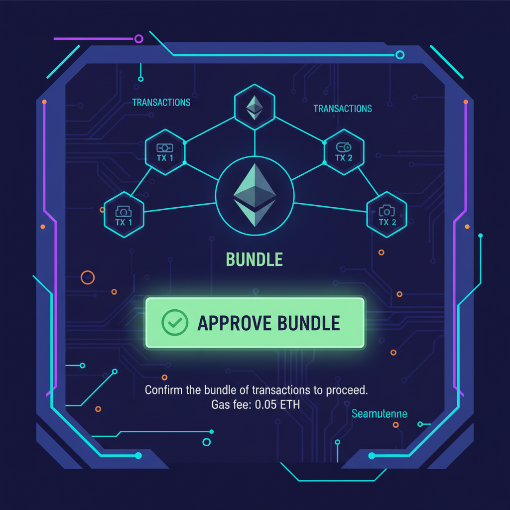 approval button on OFA interface, green checkmark, bundle diagram with transactions linked, cyberpunk ethereum aesthetic