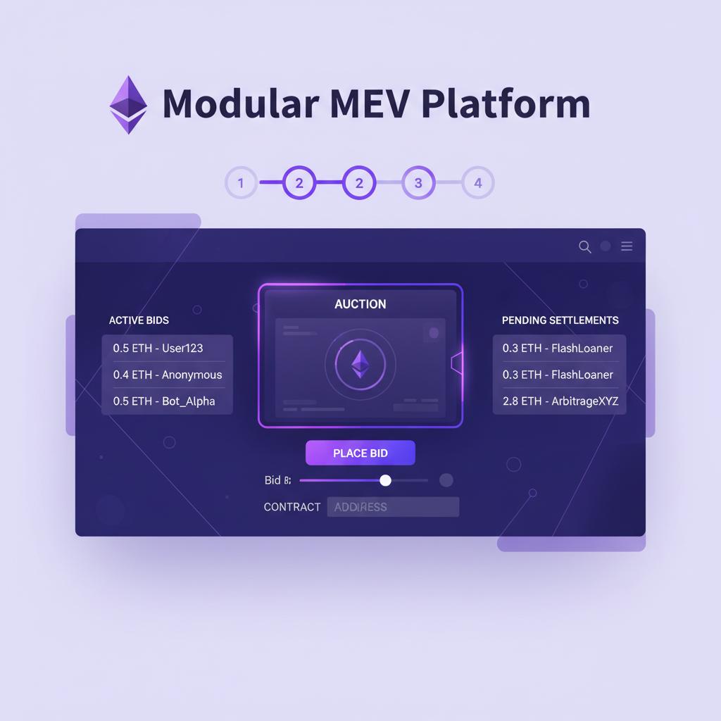 sleek dashboard of Modular MEV platform, ethereum purple theme, auction interface with bid lists, futuristic UI
