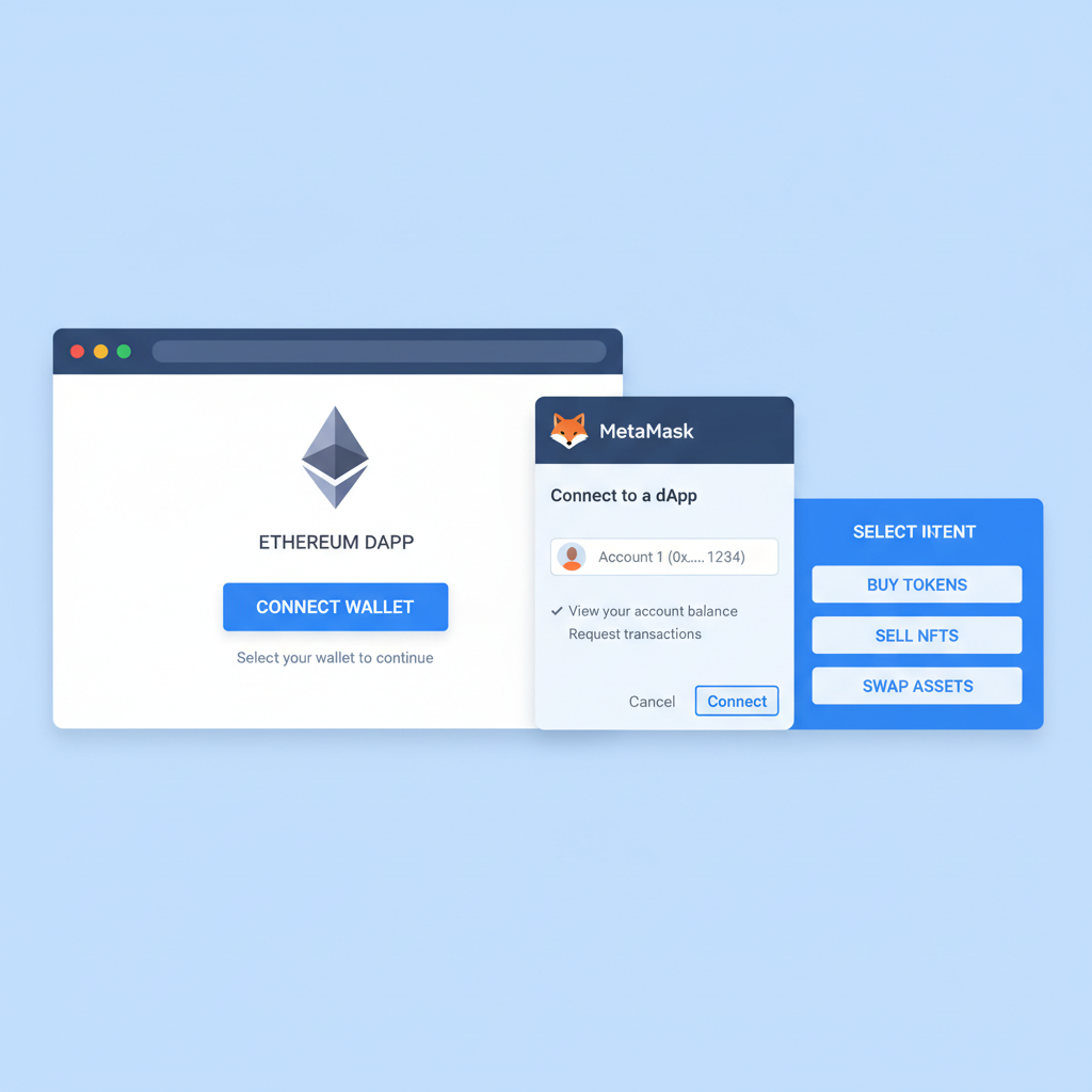 wallet connection screen with MetaMask popup, ethereum logo, intent selection menu, clean blue interface