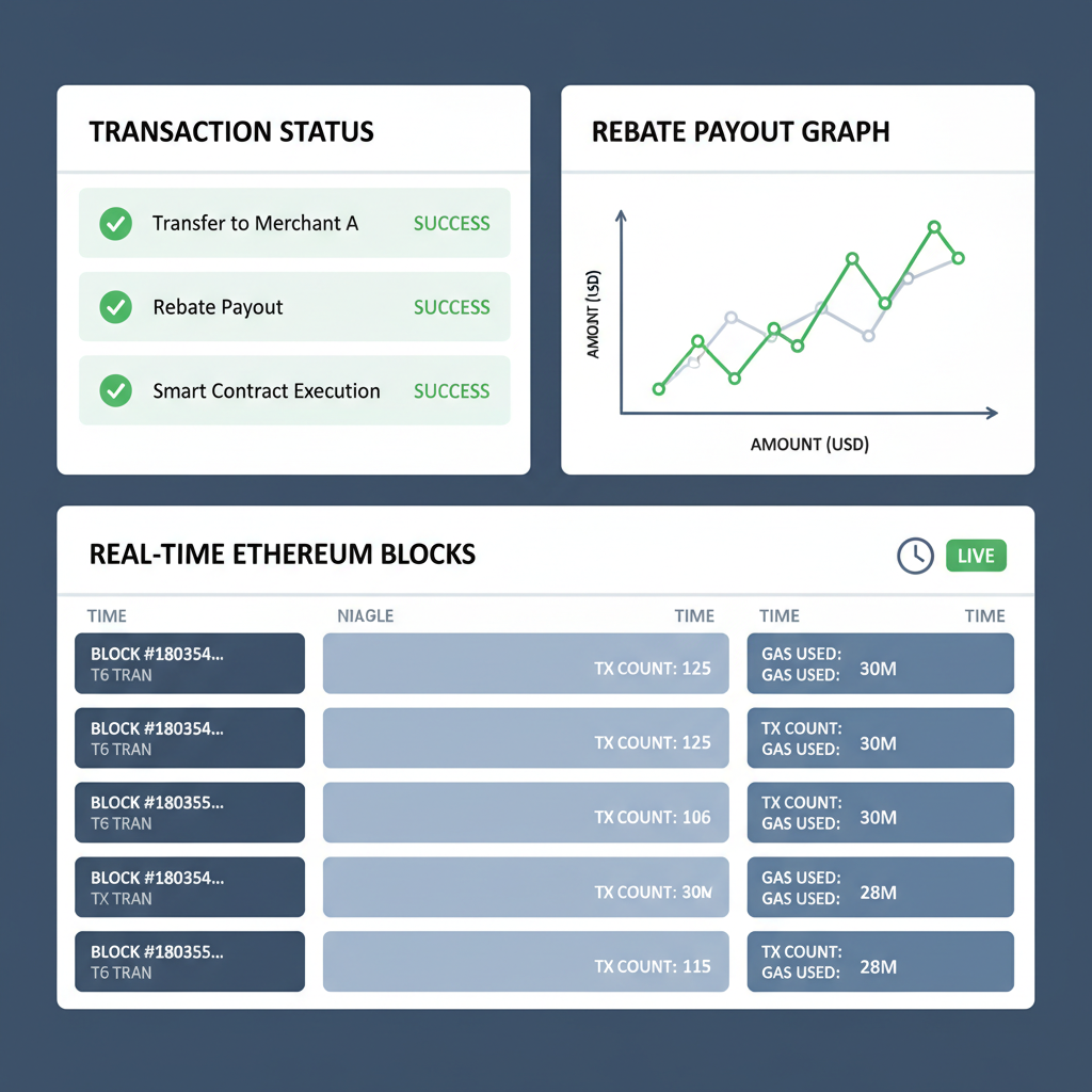 monitoring dashboard with transaction status, green success indicators, rebate payout graph, real-time ethereum blocks
