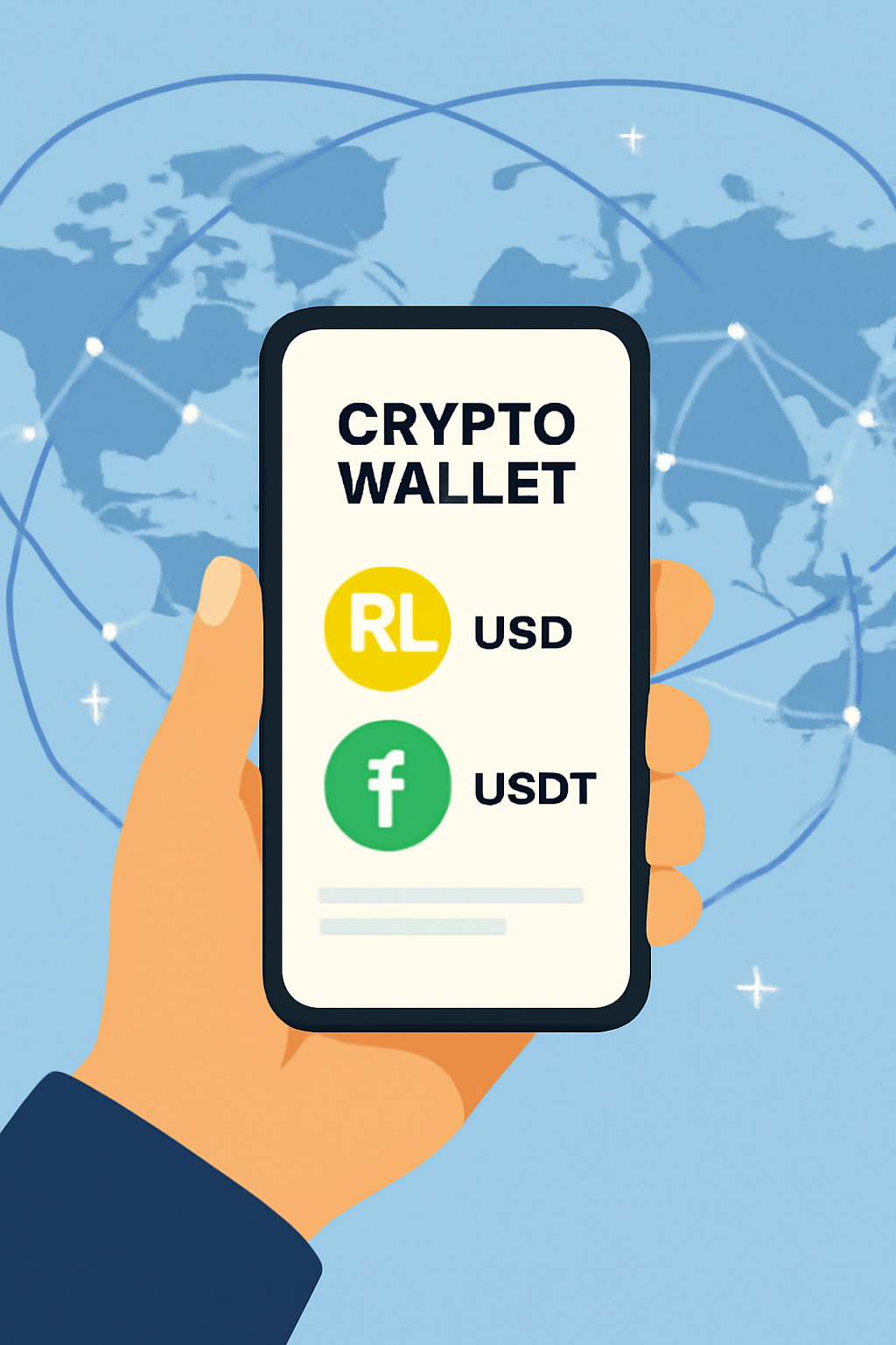 A hand holding a smartphone displaying a crypto wallet app with RLUSD and USDT icons, background showing global connections, friendly and secure vibe