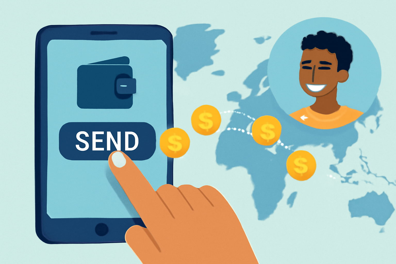 A finger tapping 'Send' on a wallet app, with animated coins moving across a world map, recipient smiling on the other side