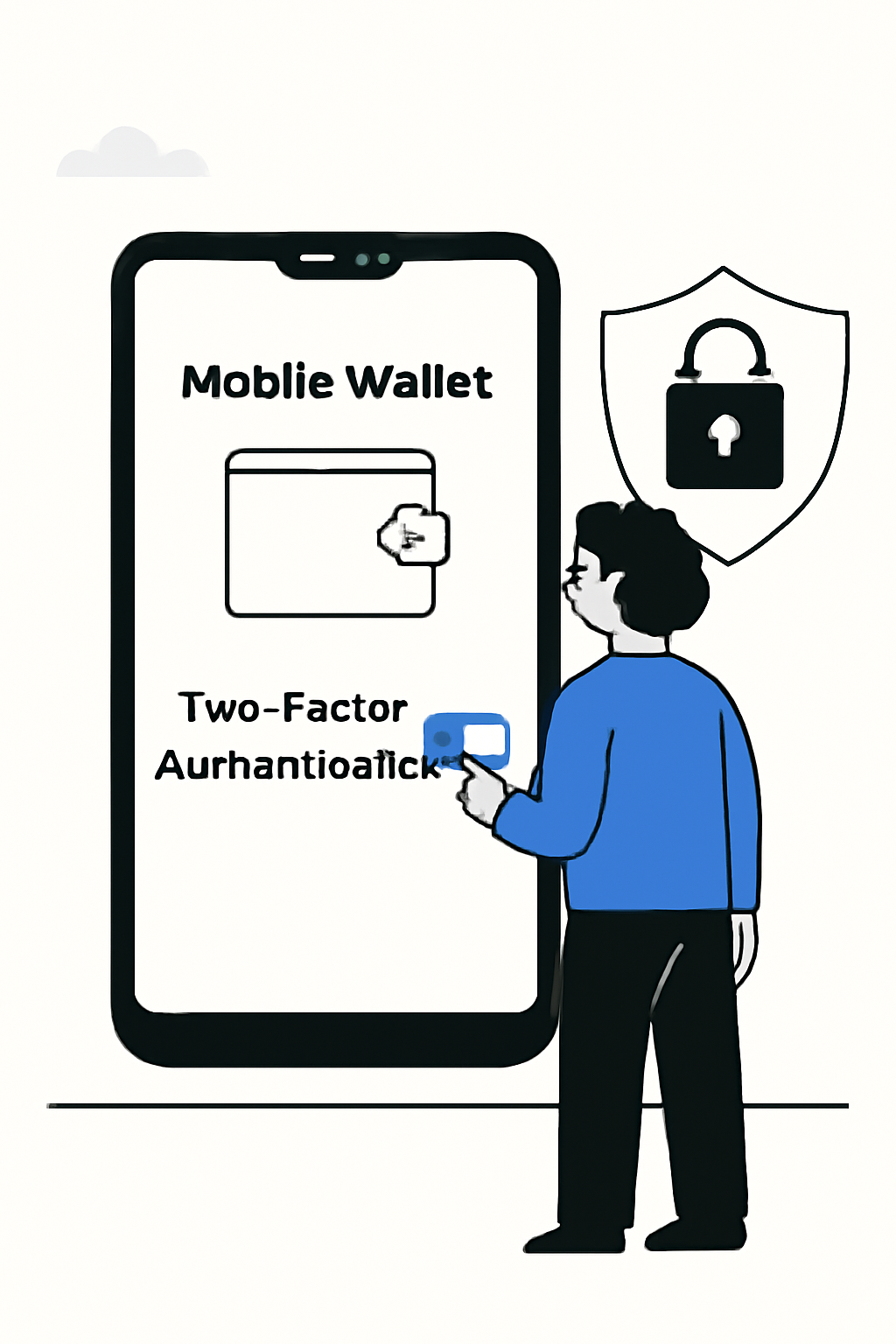 A person setting up a mobile wallet app, enabling two-factor authentication, with a lock and shield icon for security emphasis