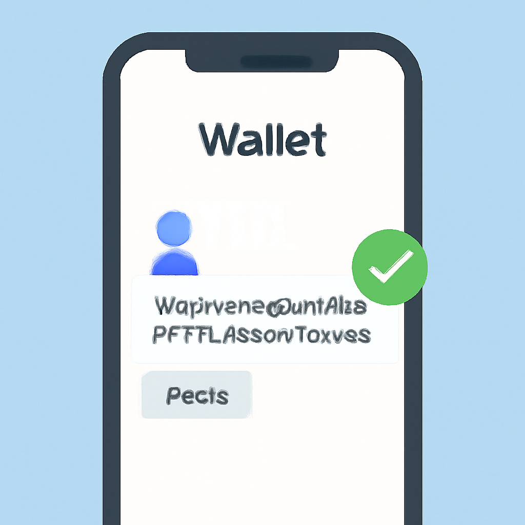 A smartphone screen with a wallet app, pasting a long crypto address, and a checkmark for confirmation, recipient icon nearby