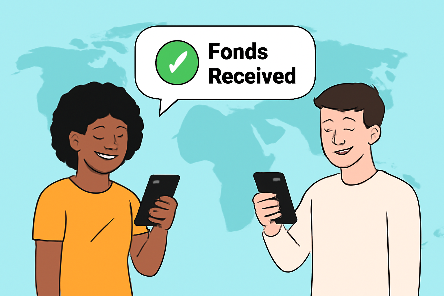 A chat bubble with a 'Funds Received' message, both sender and recipient smiling, mobile phones in hand, global background