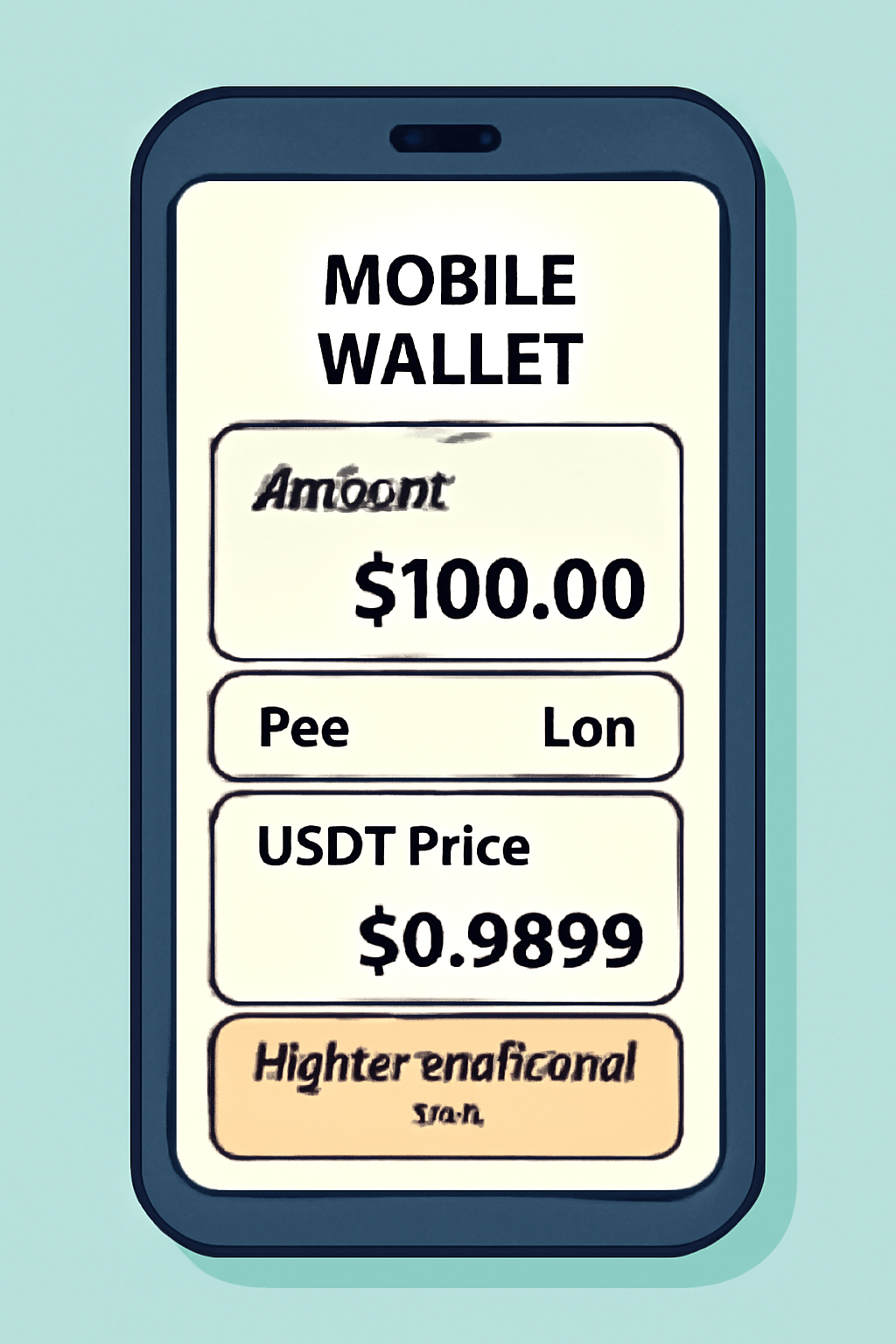 A mobile wallet showing a transaction summary: amount, fee (low), and USDT price at $0.9999, with a comparison to higher traditional fees
