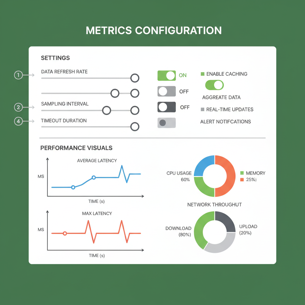 metrics configuration panel with sliders and toggles, latency graphs, professional charts