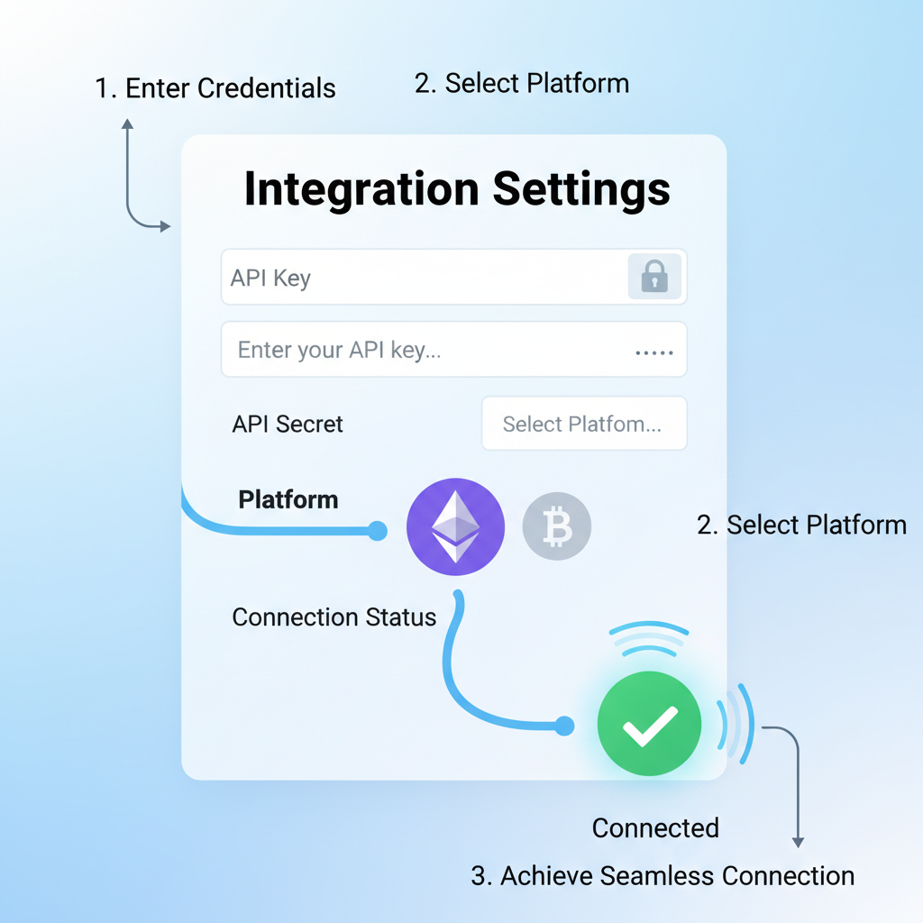 integration settings page with API input fields, Ethereum icons, seamless connection visual
