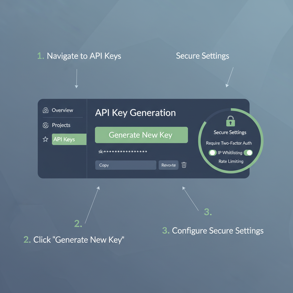 API key generation interface on developer dashboard, secure settings panel, tech UI