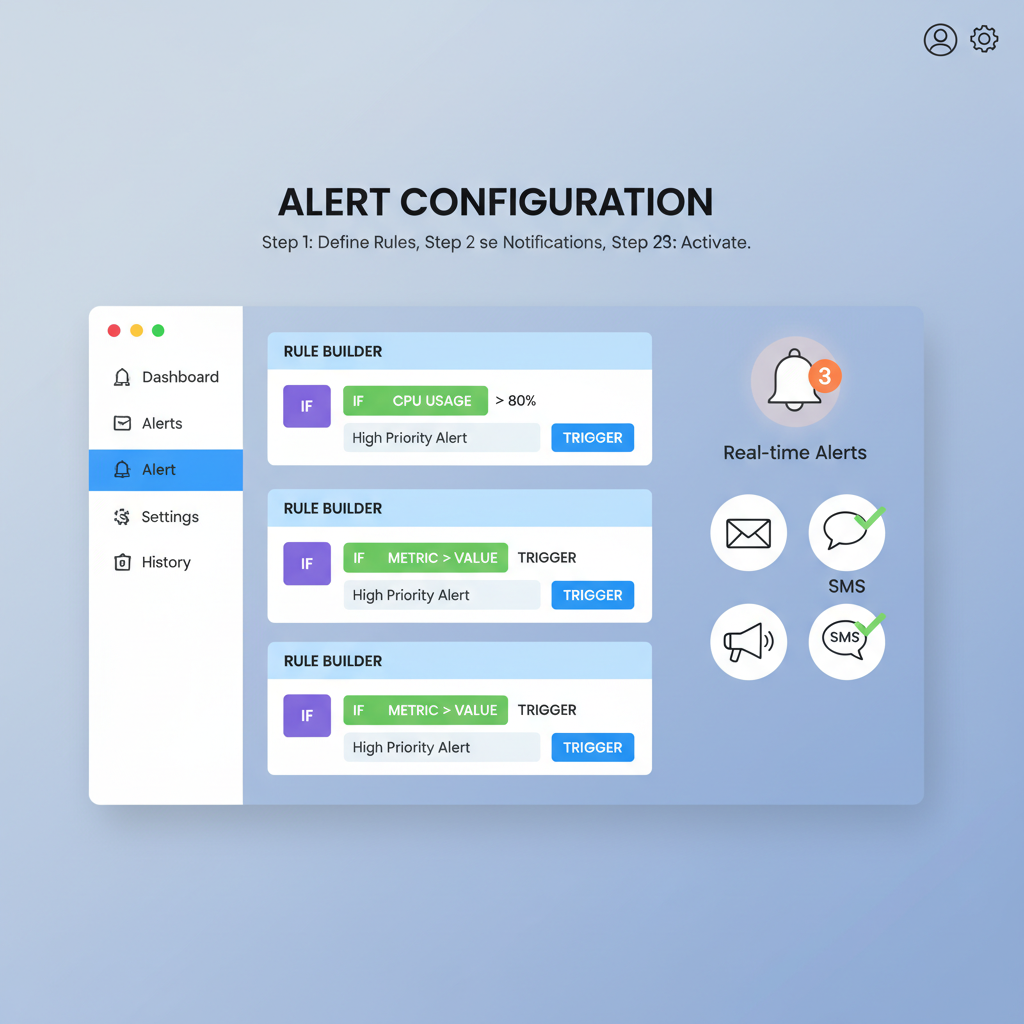 alert setup interface with rule builders, notification icons, real-time bell alerts