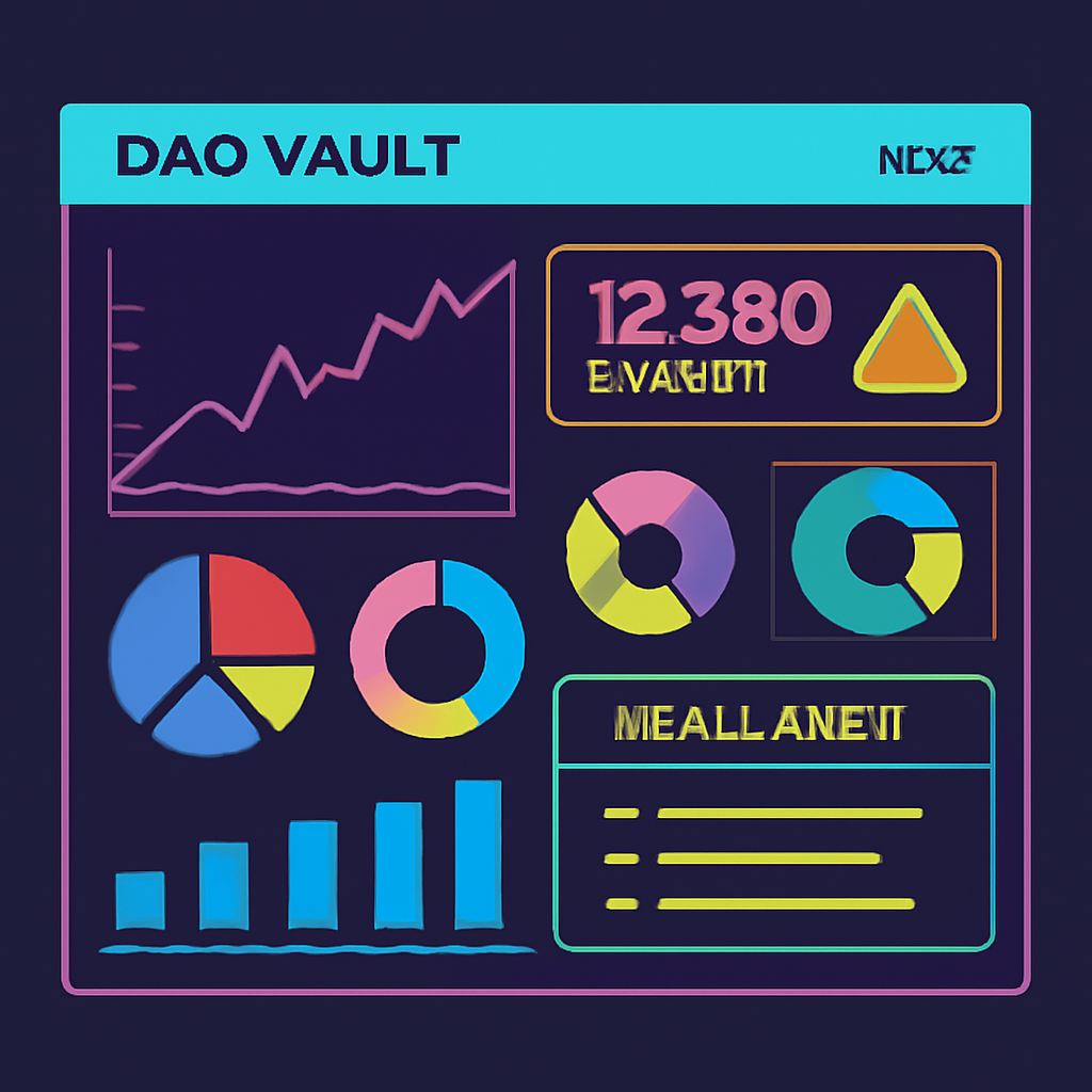 Vibrant real-time dashboard with charts, alerts, and rebalance schedules for DAO vault on Base, neon data viz style