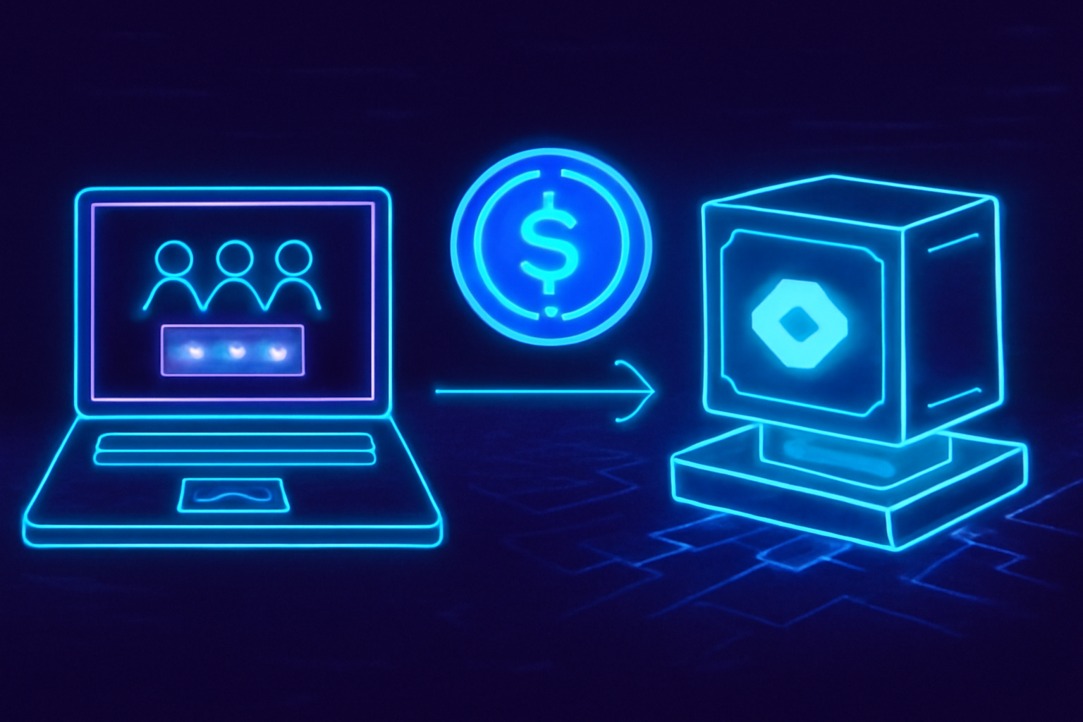 DAO multisig wallet deploying USDC into glowing on-chain vault on Base blockchain, futuristic neon cyberpunk style