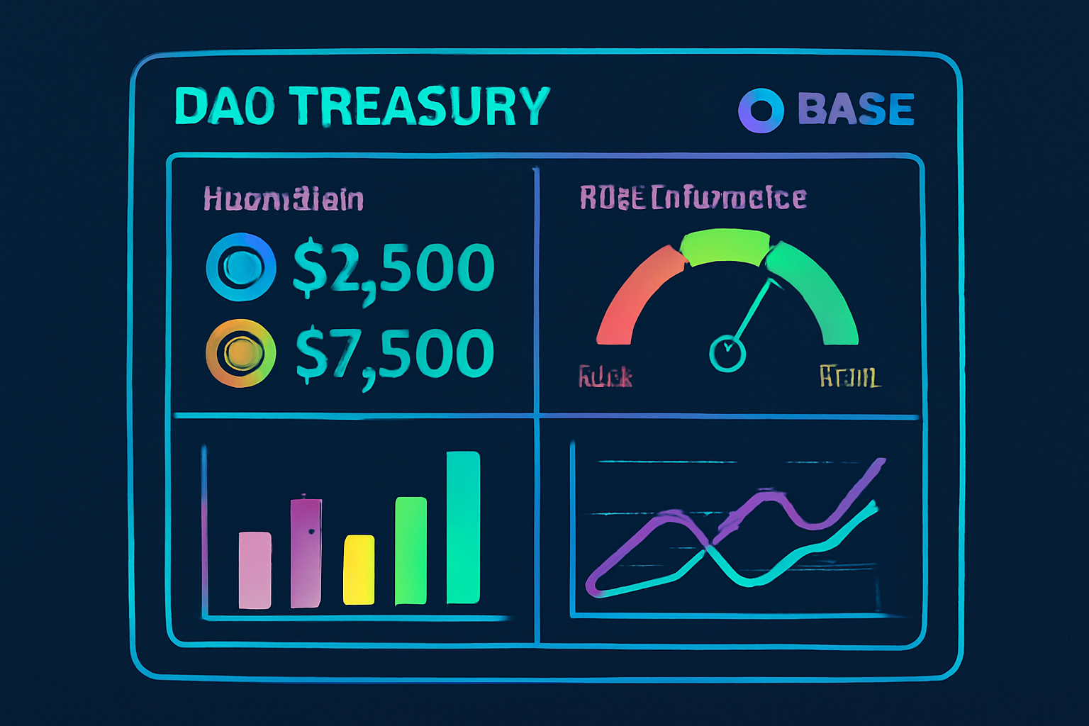 DAO treasury dashboard on Base chain scanning USDC DAI holdings, risk tolerance gauge low-to-high, vibrant neon charts, blockchain futuristic style
