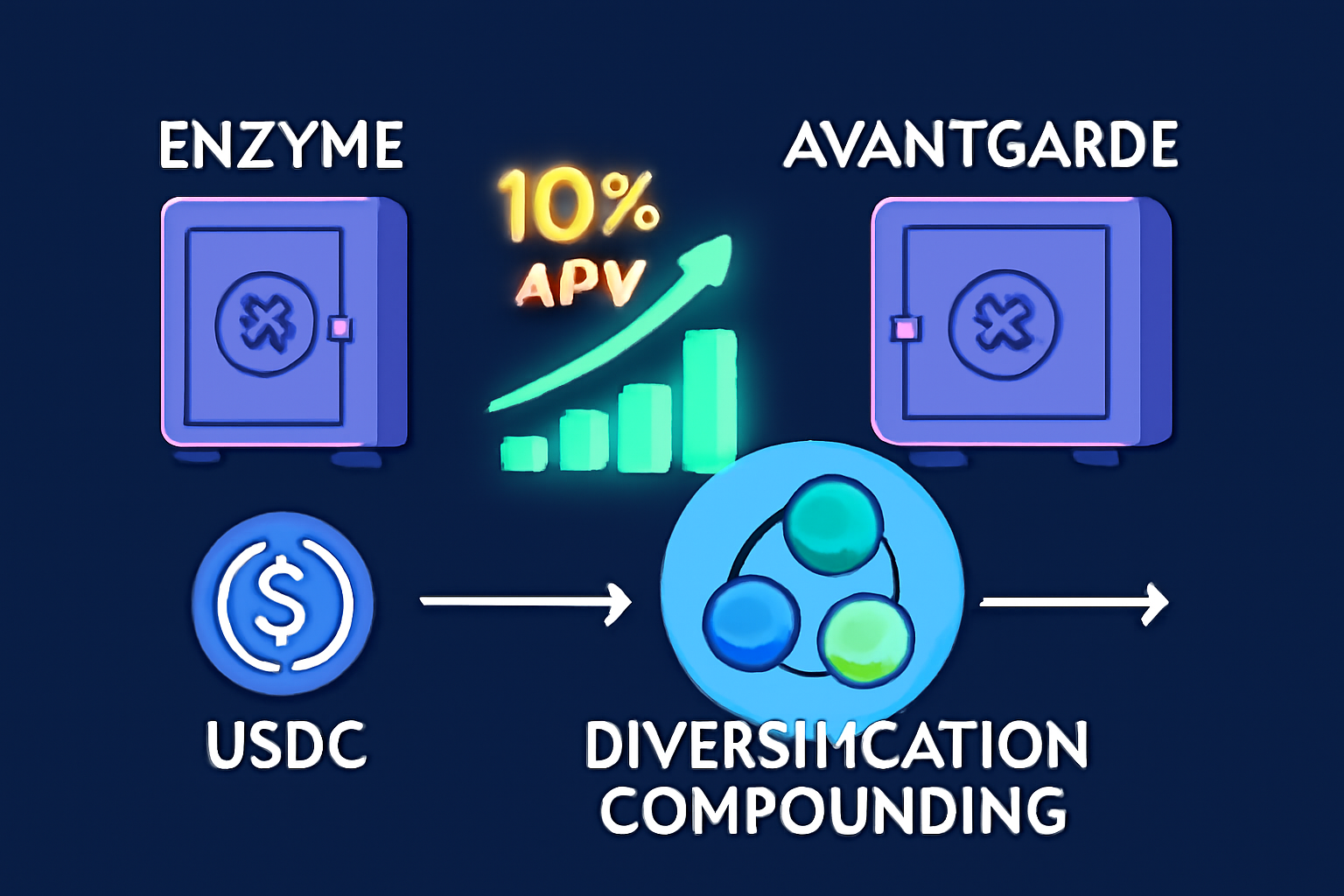 Enzyme and Avantgarde vaults on Base, glowing yield charts at 10% APY, diversification pools USDC arrows compounding, dynamic DeFi cyber art