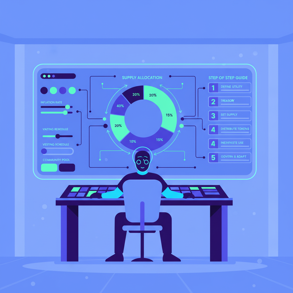 creator at dashboard designing tokenomics chart, futuristic UI, neon blues