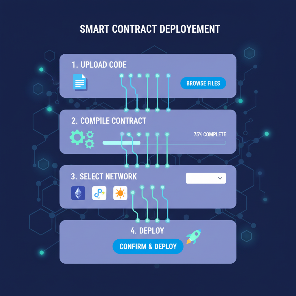 smart contract deployment interface on blockchain network, glowing code lines