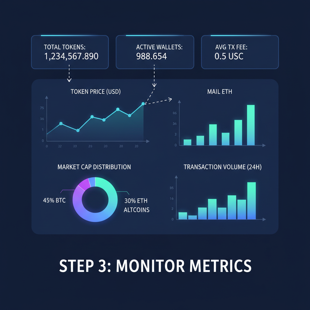 analytics dashboard monitoring token metrics, graphs and charts glowing