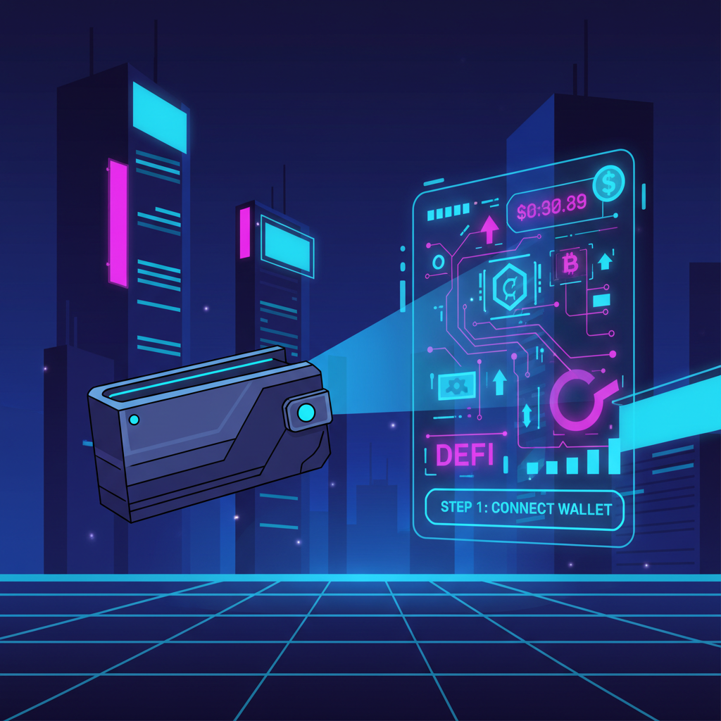 futuristic wallet connecting to glowing defi dashboard, neon blues cyberpunk style
