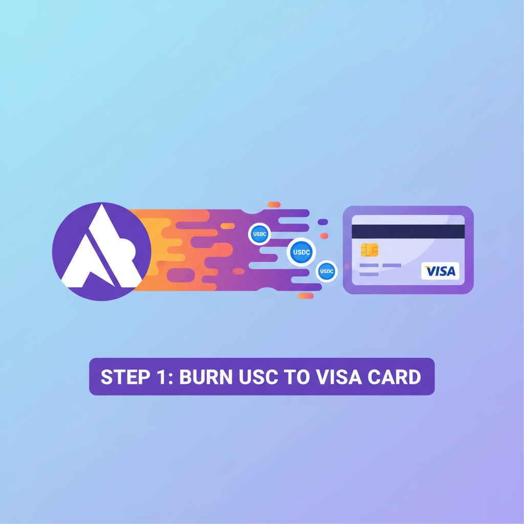 avalanche blockchain burning USDC to visa card, fiery purple speed lines