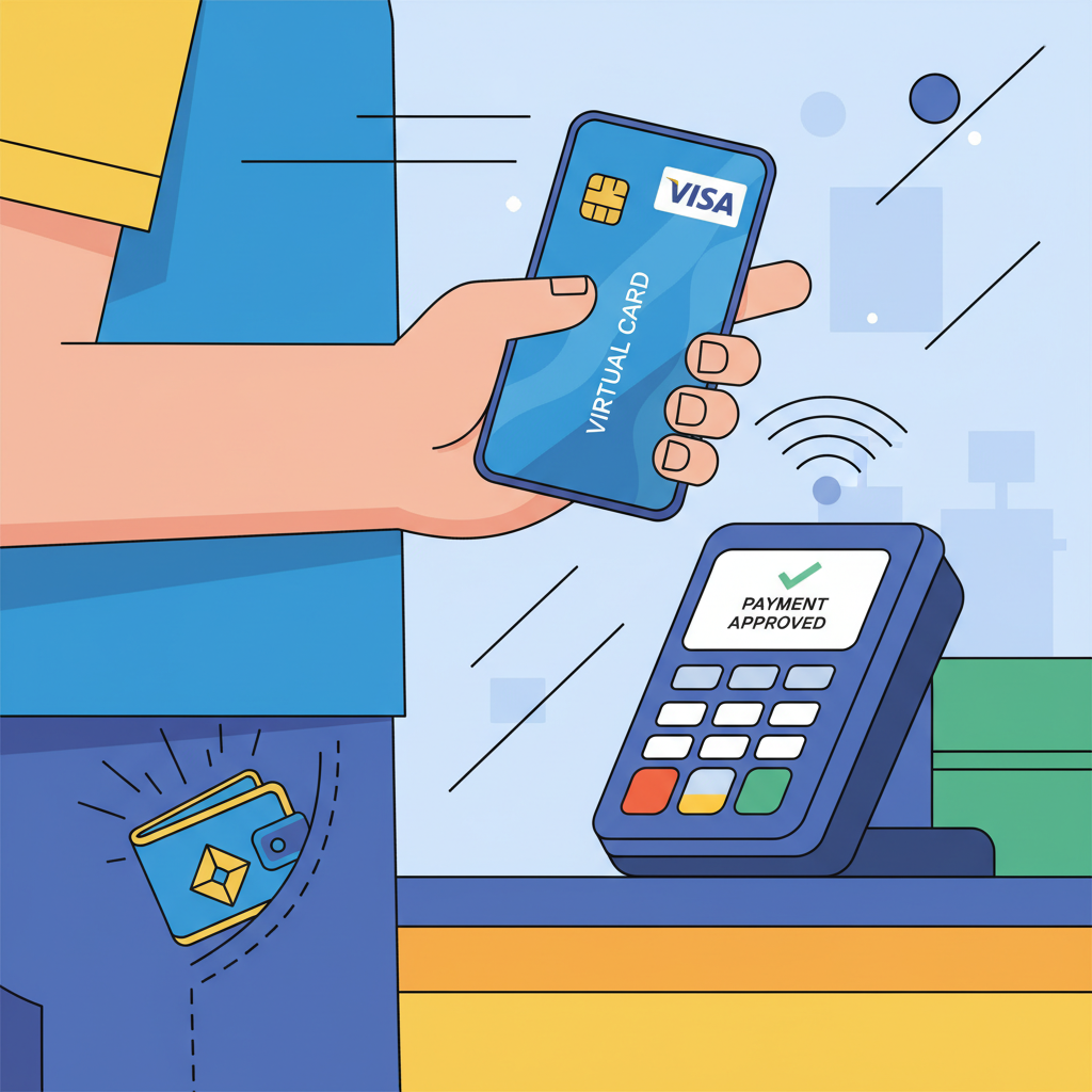 virtual visa card payment at store, crypto wallet glowing in pocket, vibrant action