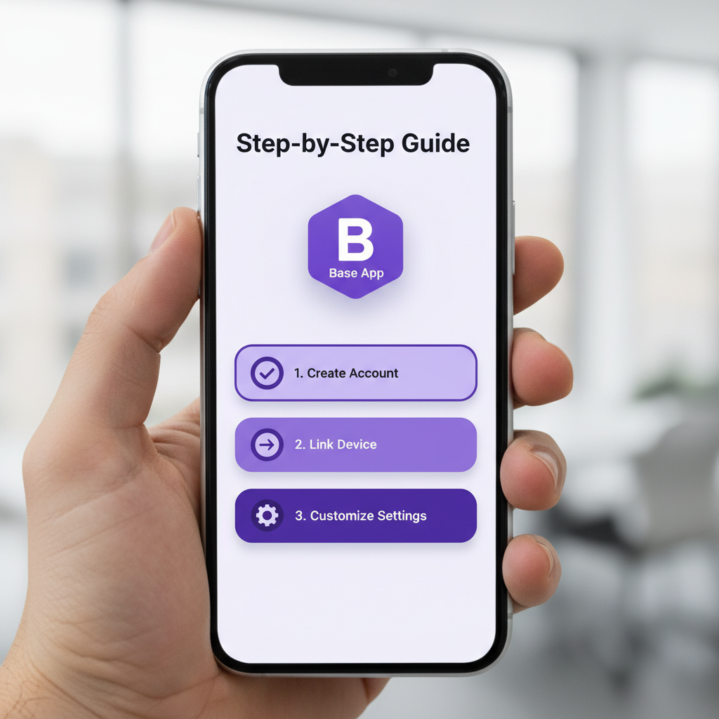 smartphone screen showing Base App icon tapped open, modern purple UI, clean design