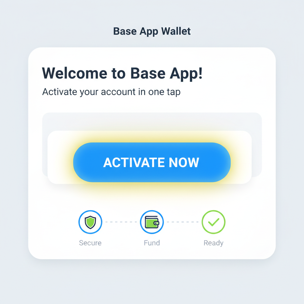 Base App wallet screen with one-tap account activation button highlighted, simple interface