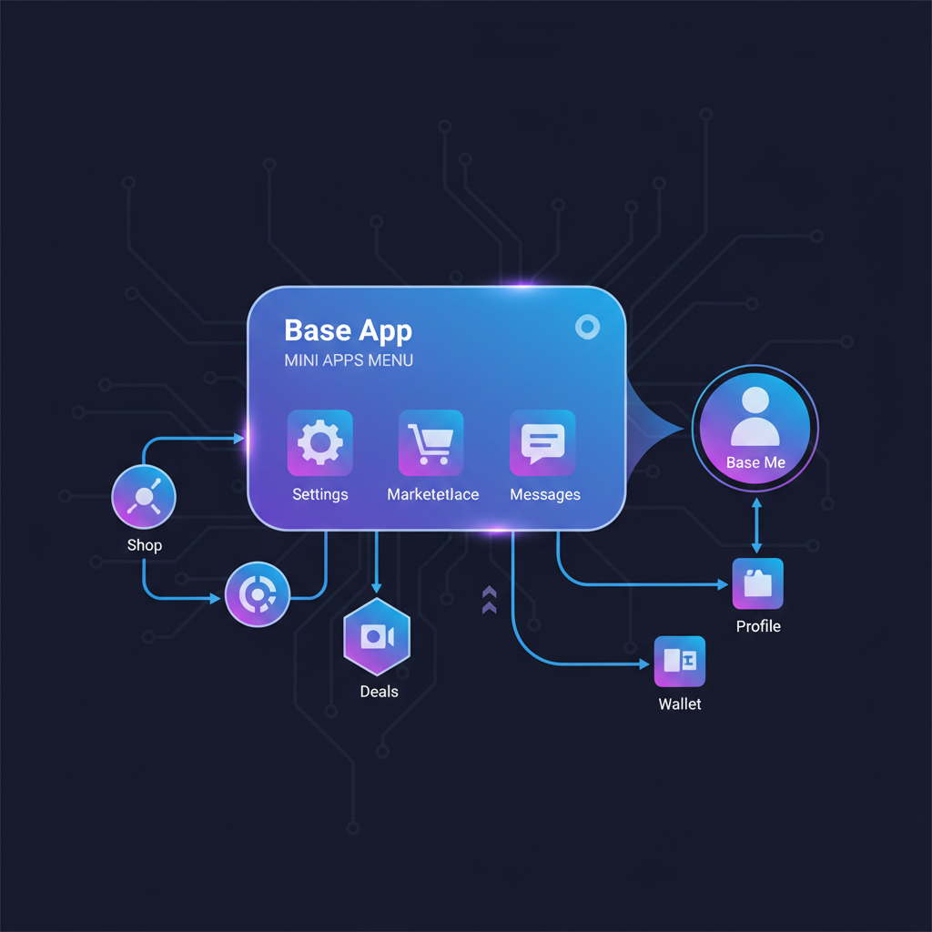 Base App mini apps menu connecting to Base Me Mini App, interconnected icons, futuristic UI