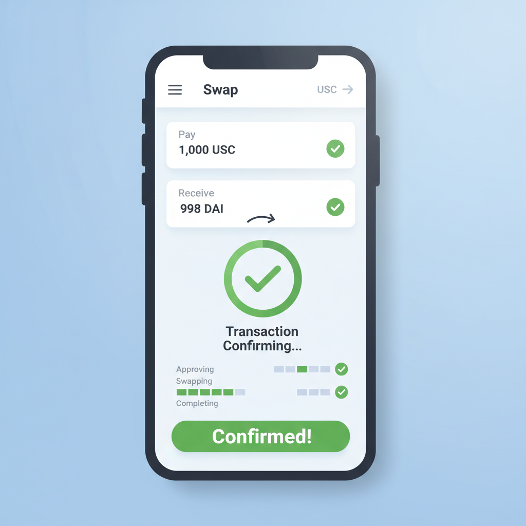 mobile screen showing gasless USDC swap interface in mini app, transaction confirming, green success indicators