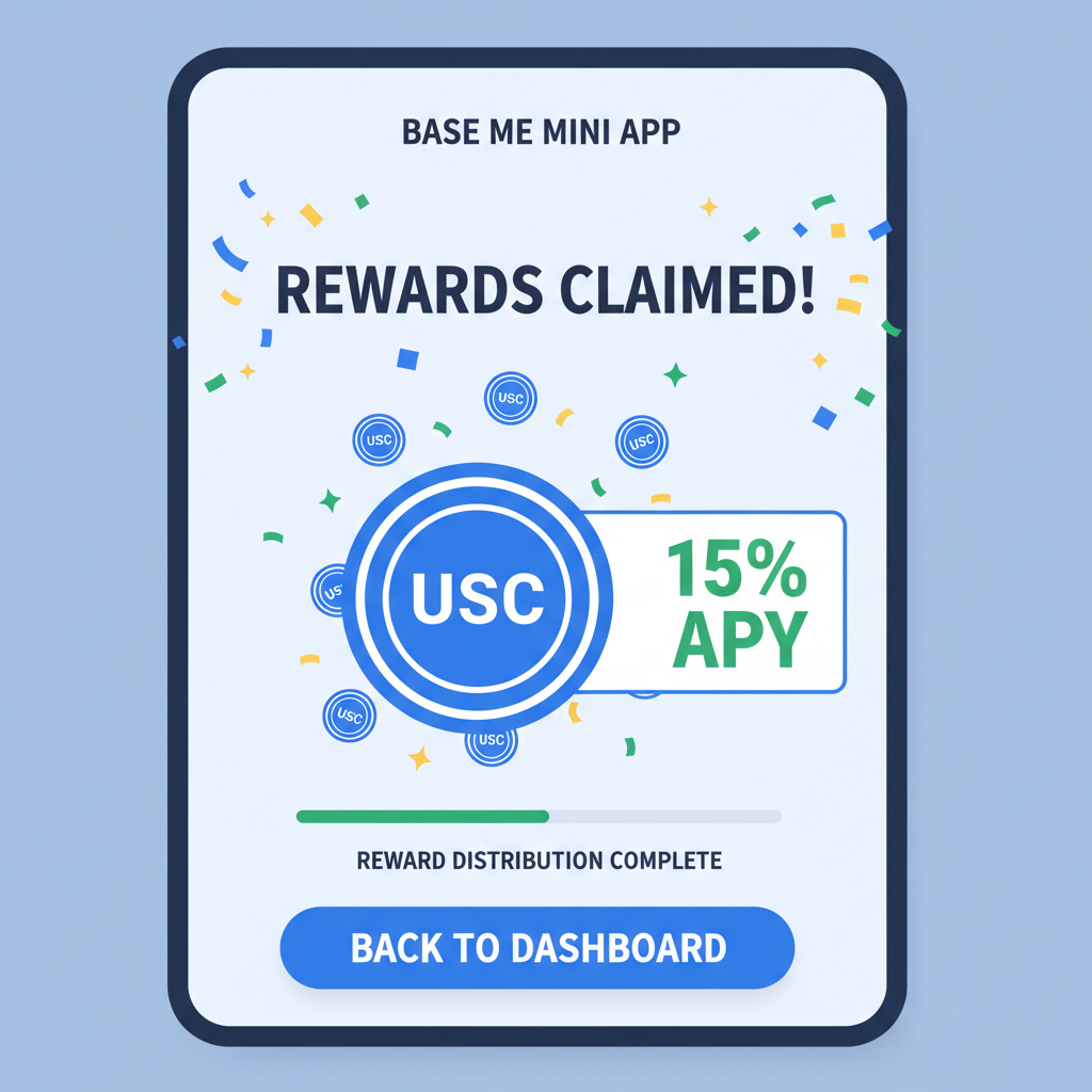 Base Me Mini App rewards claim screen, USDC icons and APY display, celebratory design