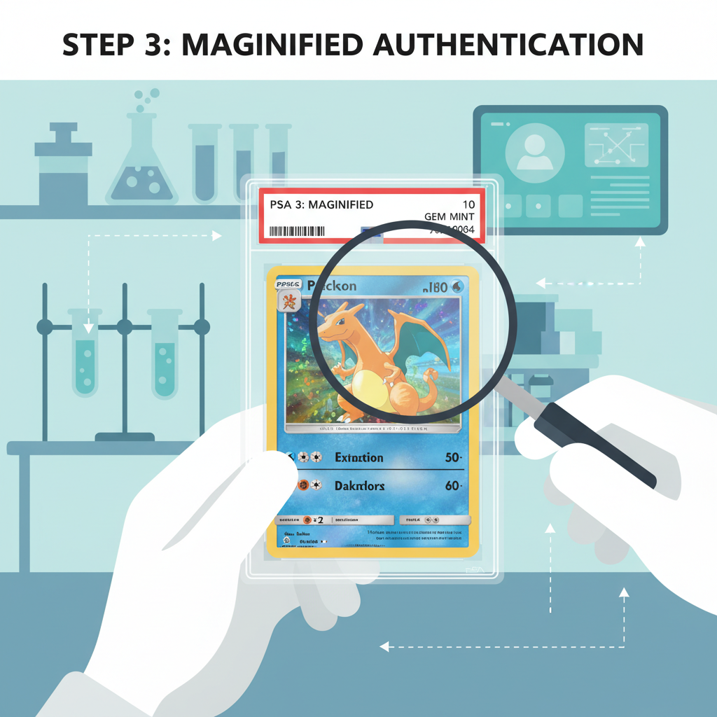 close-up of PSA grading a shiny rare Pokémon card under magnification, professional lab setting