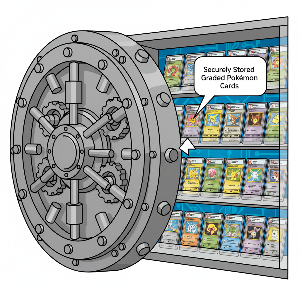 high-security vault door opening to reveal stored graded Pokémon cards in protective cases