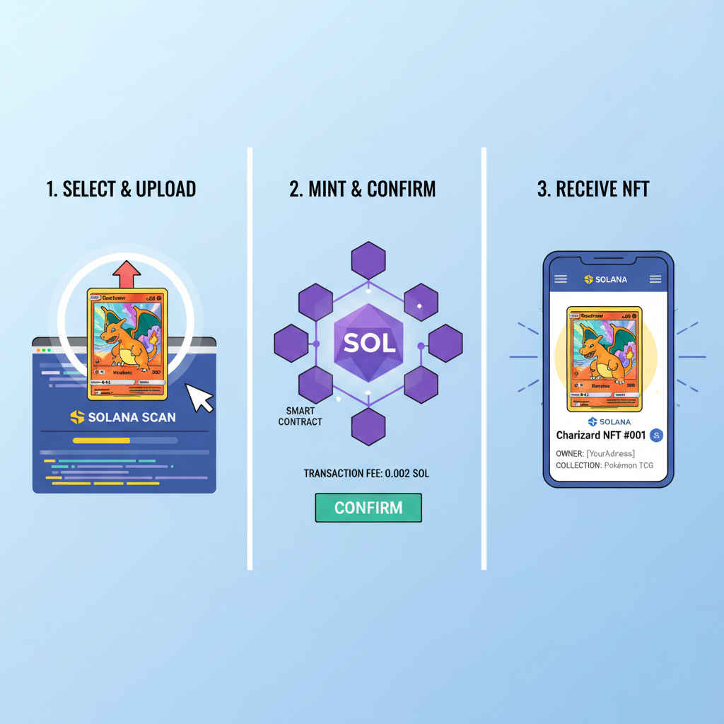 digital NFT minting process of Pokémon card on Solana blockchain, glowing token emerging