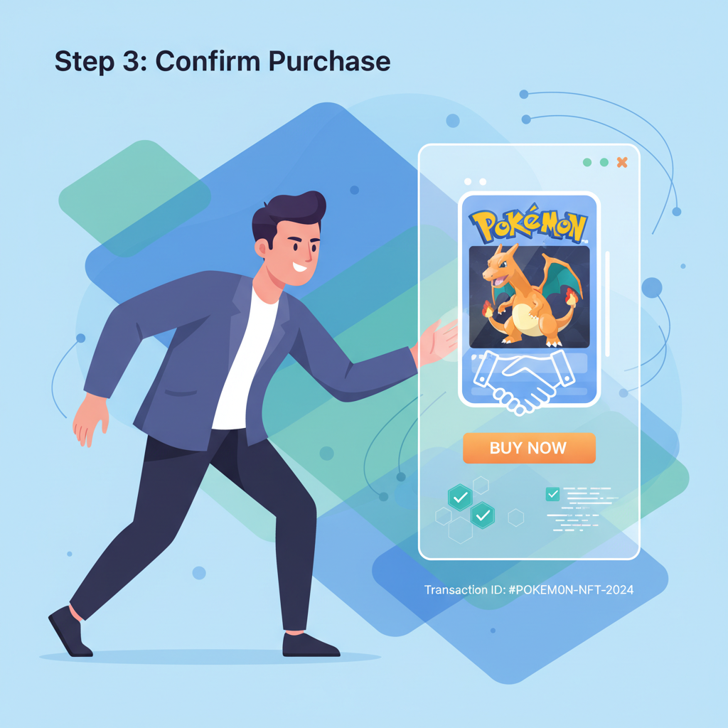 dynamic trader executing Pokémon NFT purchase on sleek crypto marketplace interface, handshake animation, blockchain confirmations