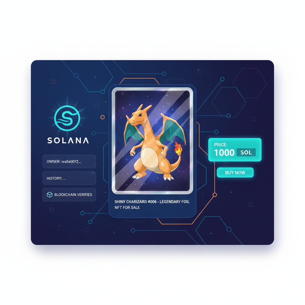 futuristic blockchain marketplace UI listing shiny Pokémon card NFT for sale, Solana logo, glowing price tag