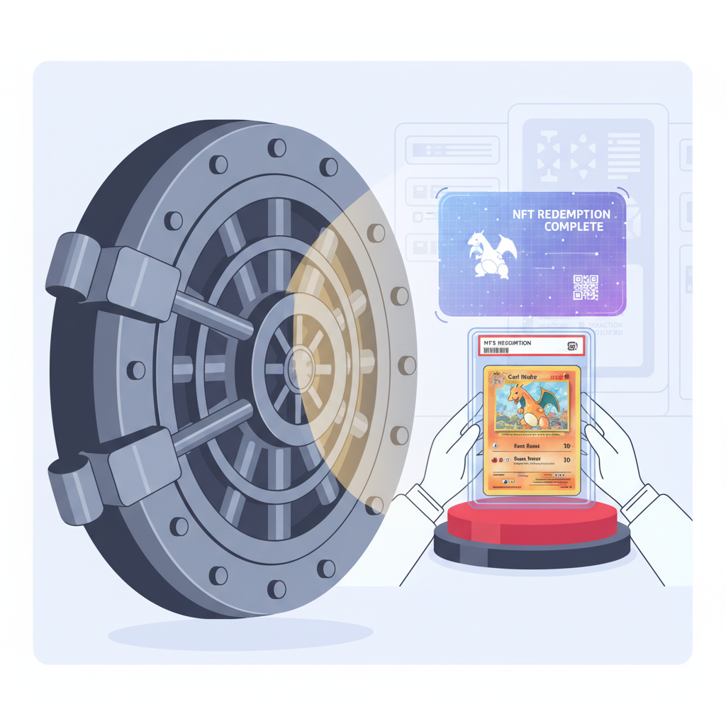 high-security vault opening to reveal rare graded Pokémon card, NFT redemption hologram overlay, professional custody scene